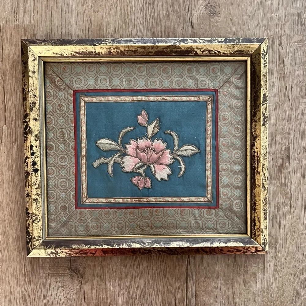 Antique‎ Chinese Embroidered Framed Tapestry Fabric Silk Pink Peony #1